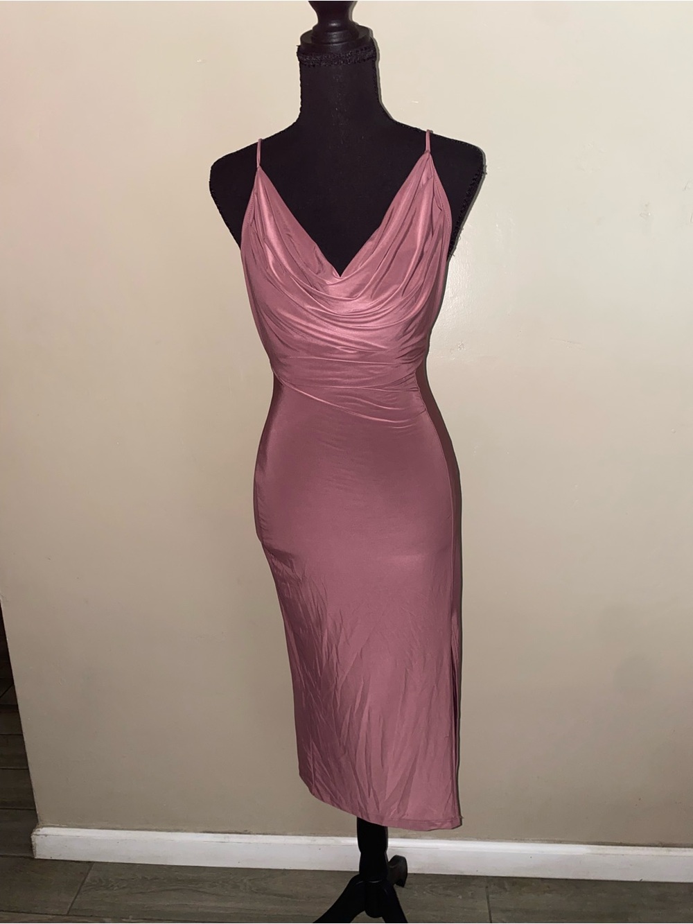 Cowl-Neck Slip Midi Dress in Dusty Rose
